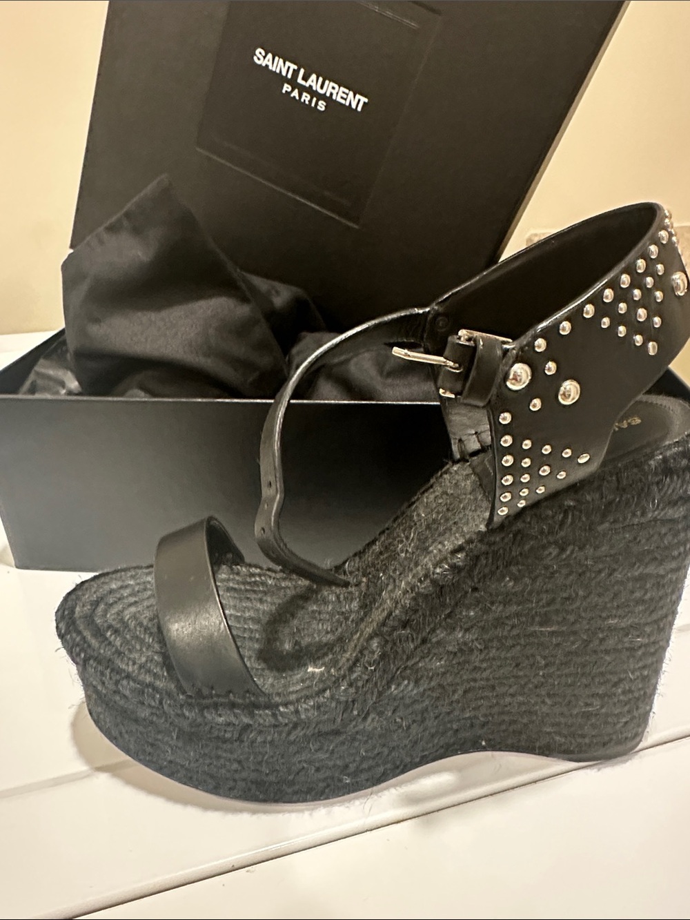 Saint Laurent Black Studded Espadrille Wedge Ankle-Strap